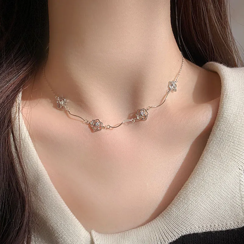 925 Sterling Silver Necklace for Women with Hollow CZ Rose Flowers