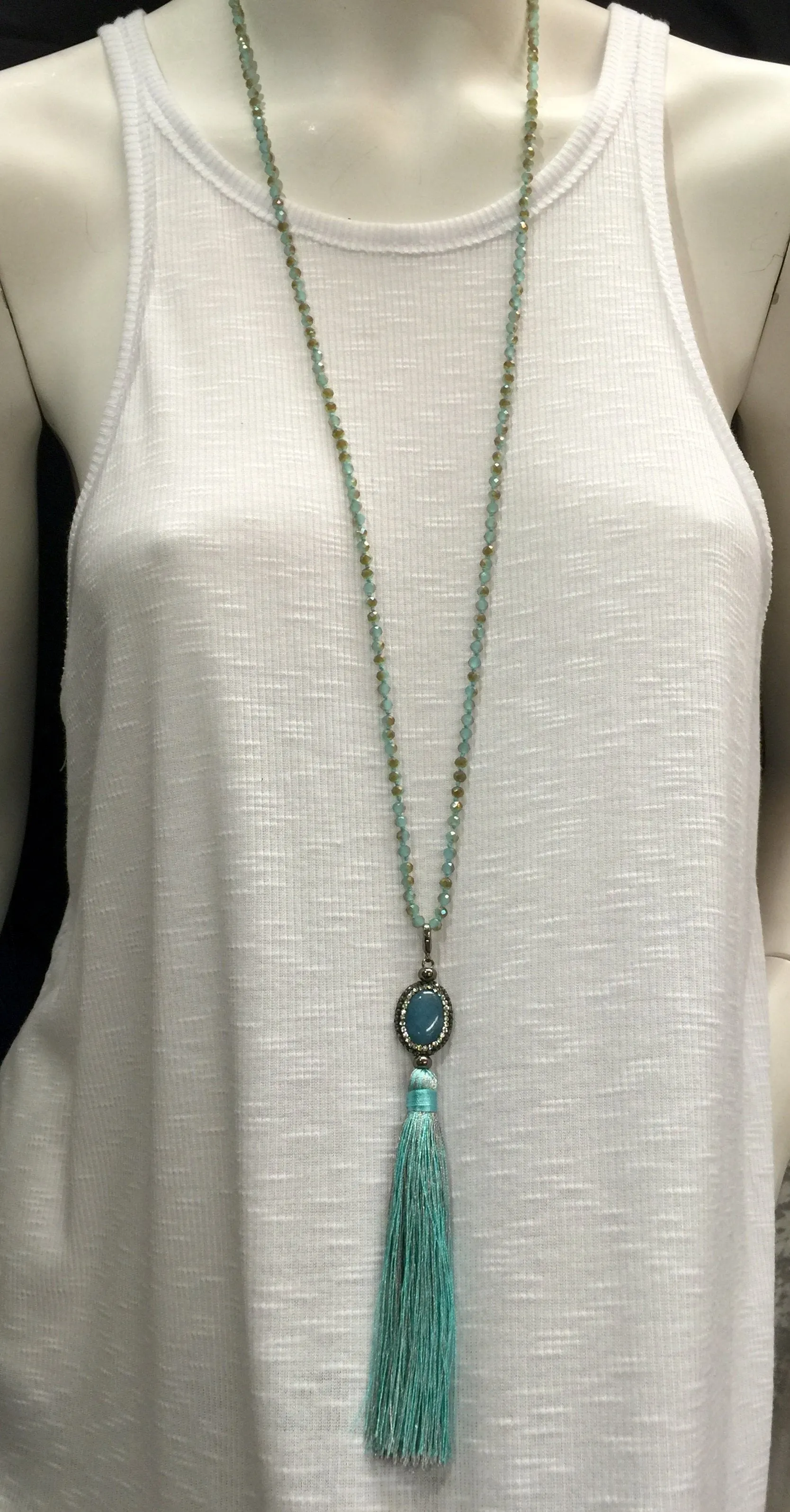 Agate and Crystal Long Tassel Necklace