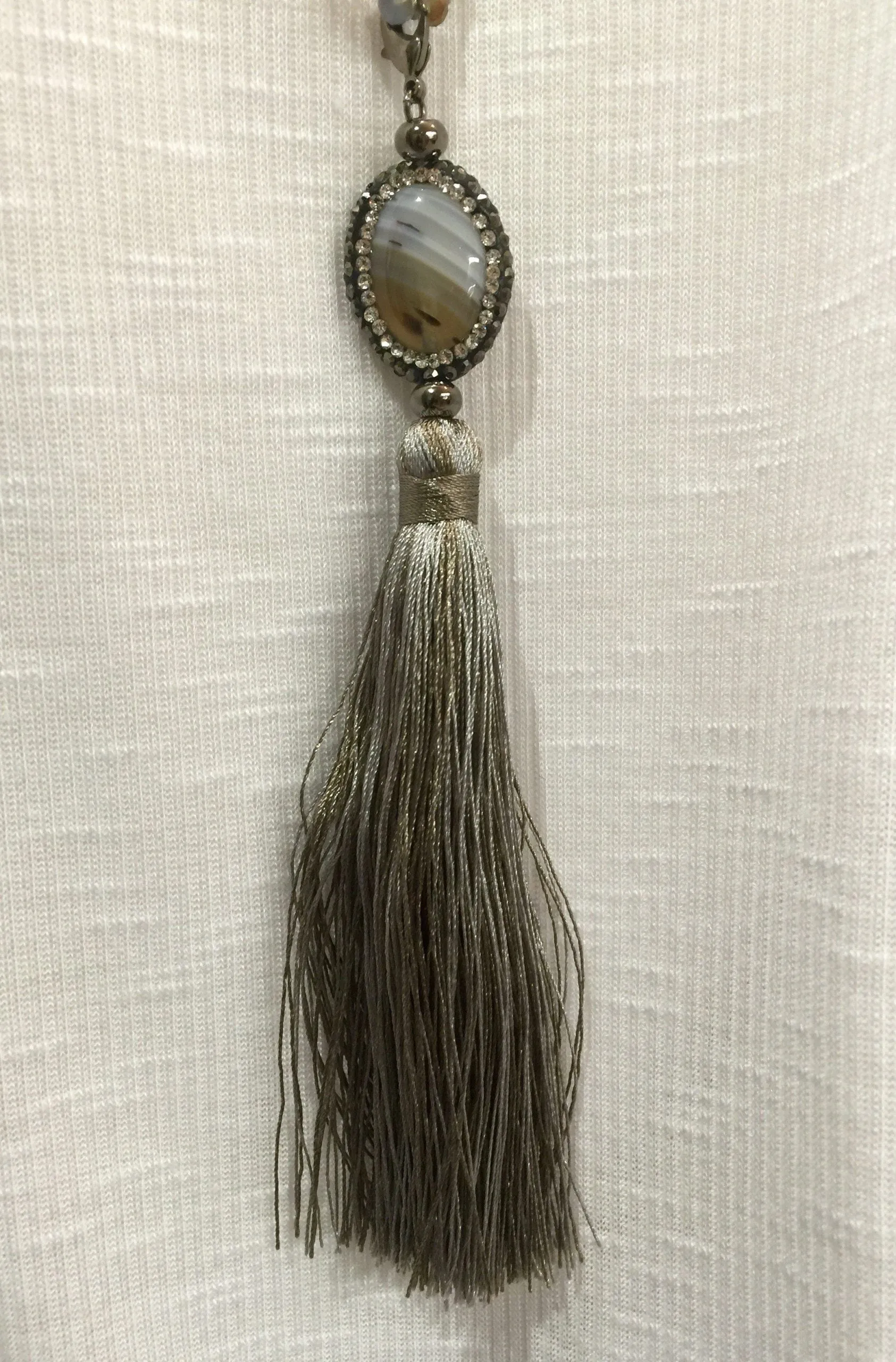 Agate and Crystal Long Tassel Necklace