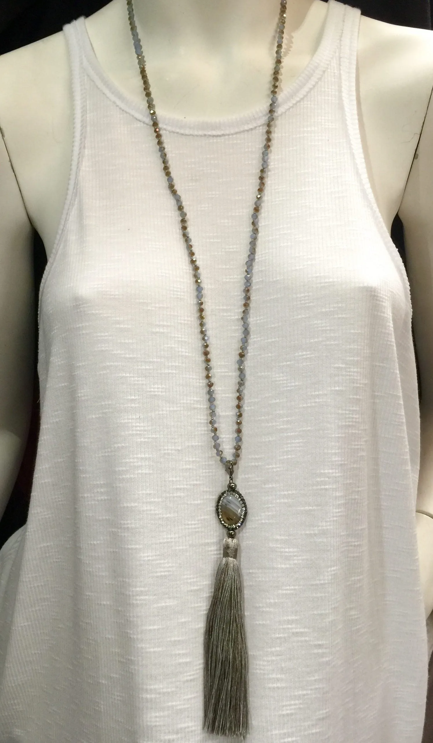 Agate and Crystal Long Tassel Necklace