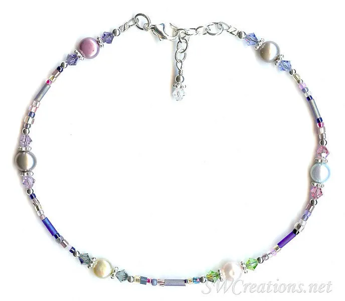 Blue Crystal Rose Pearl Pearl Silver Anklet