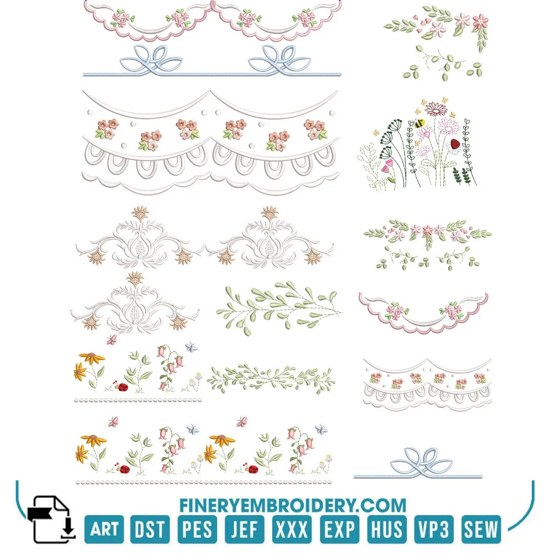 Decorative Border Embroidery Design Pack – Elegant Floral and Lace Borders | FineryEmbroidery