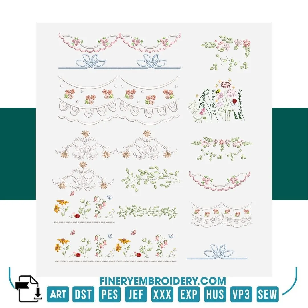 Decorative Border Embroidery Design Pack – Elegant Floral and Lace Borders | FineryEmbroidery