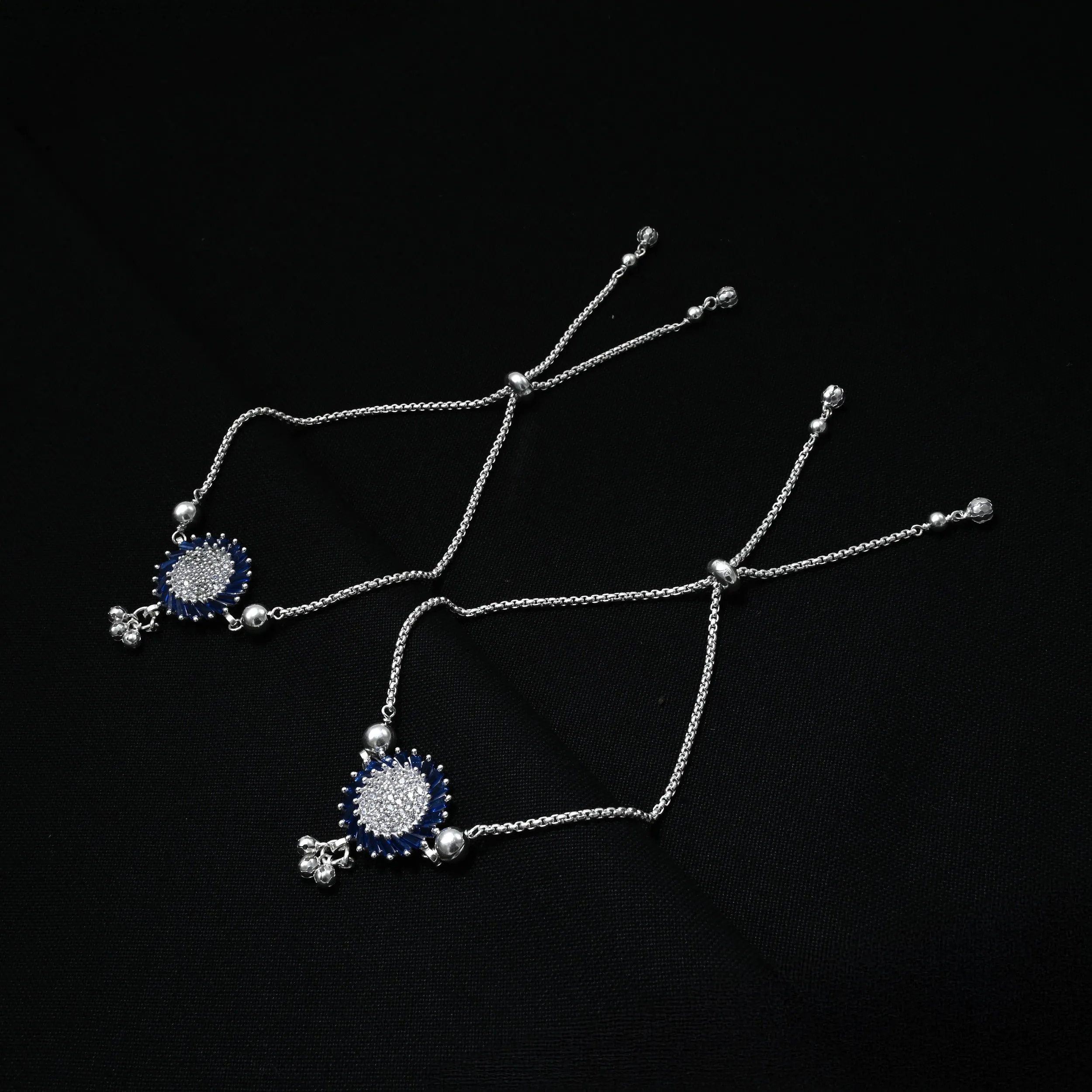 Floral Silver Anklet with blue Stones, Beads Accents, Ghungroo.