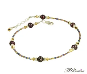 Gold Crystal Purple Pearl Beaded Anklet