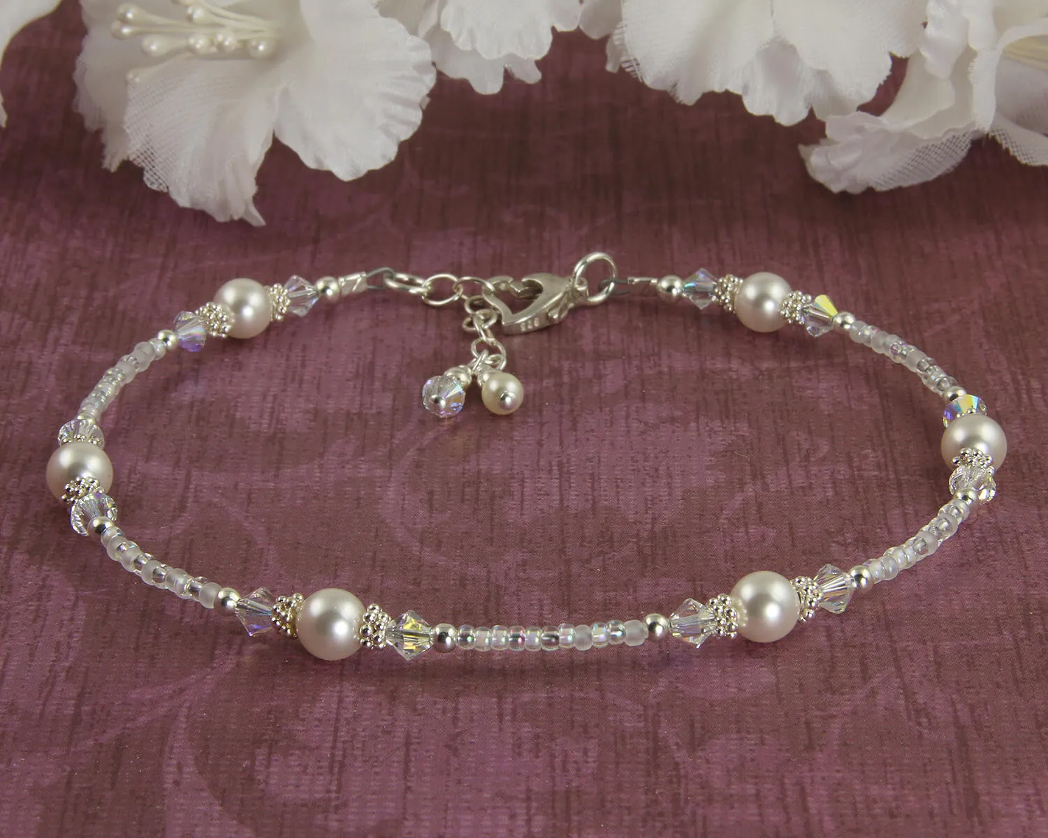 Heart Crystal Pearl Silver Beaded Anklet