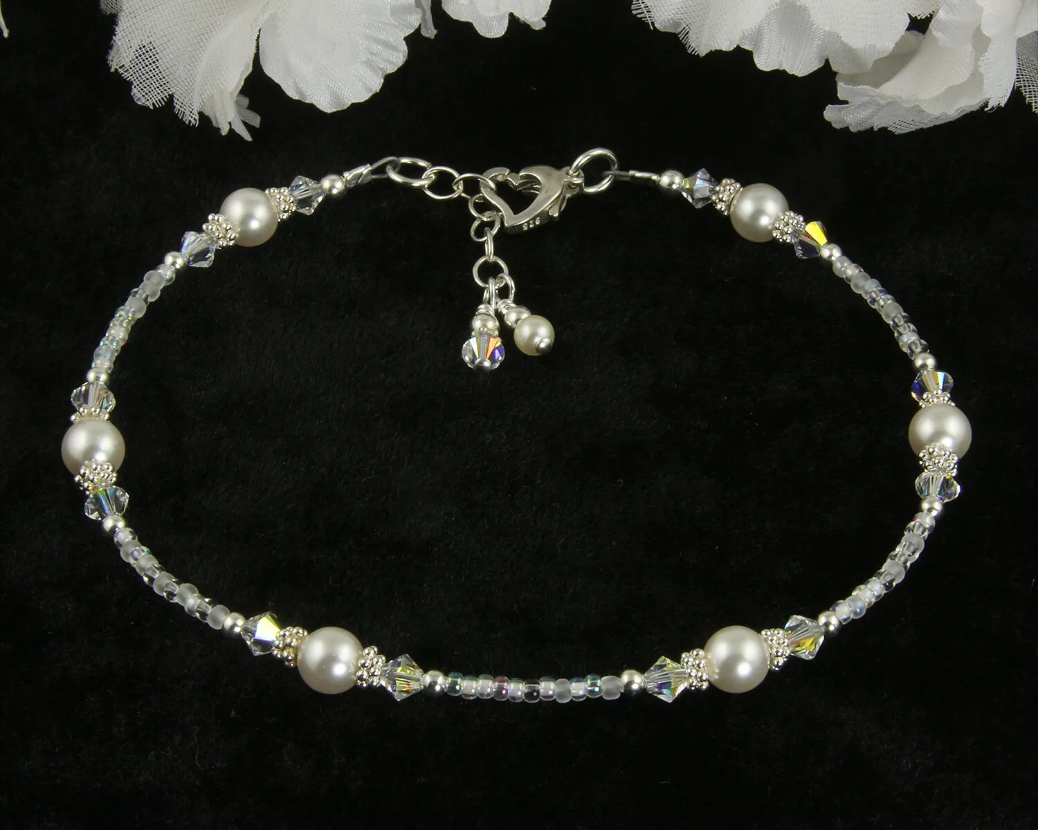 Heart Crystal Pearl Silver Beaded Anklet