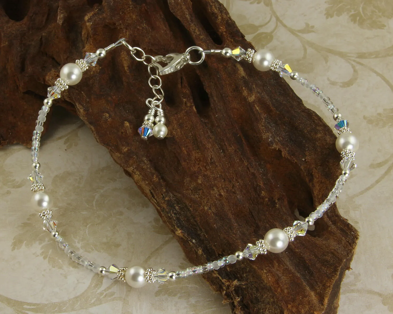 Heart Crystal Pearl Silver Beaded Anklet