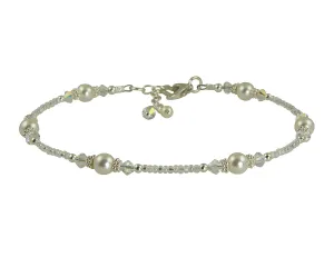 Heart Crystal Pearl Silver Beaded Anklet