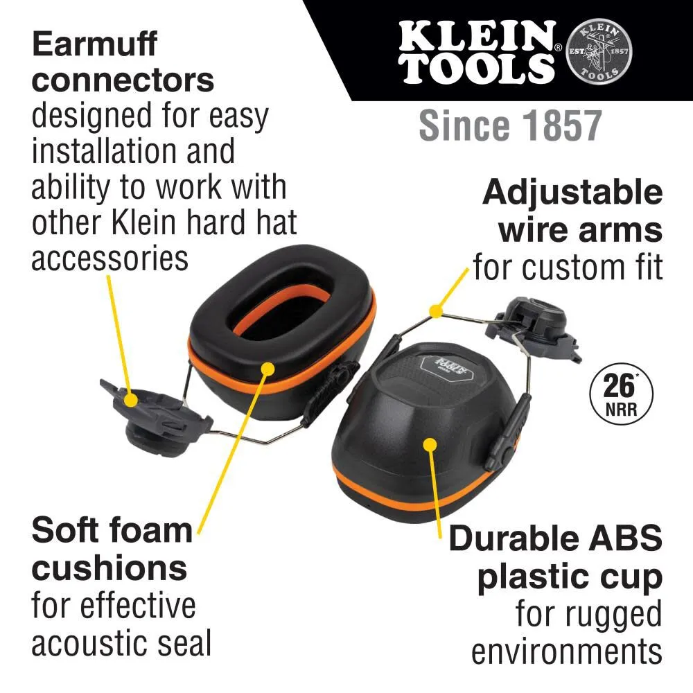 Klein Tools 60502 Earmuffs, Full Brim Hard Hat Attachment, 26dB Noise Protection, for Construction, Manufacturing, Maintenance, Woodworking