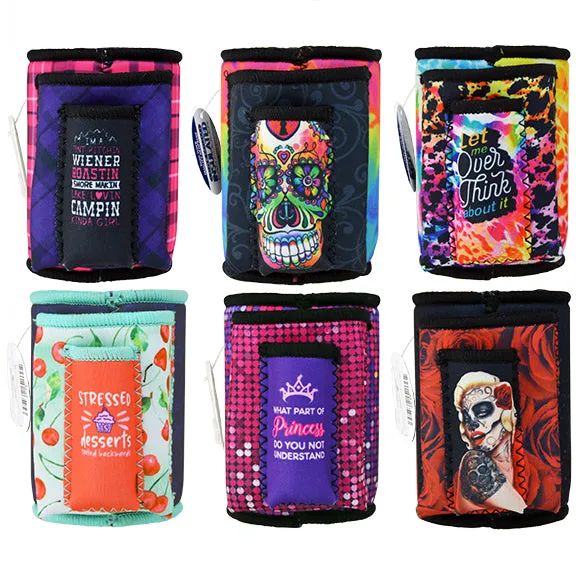 Neoprene Can and Bottle Cooler with Cigarette Pouch - 6 Pieces Per Retail Ready 26473