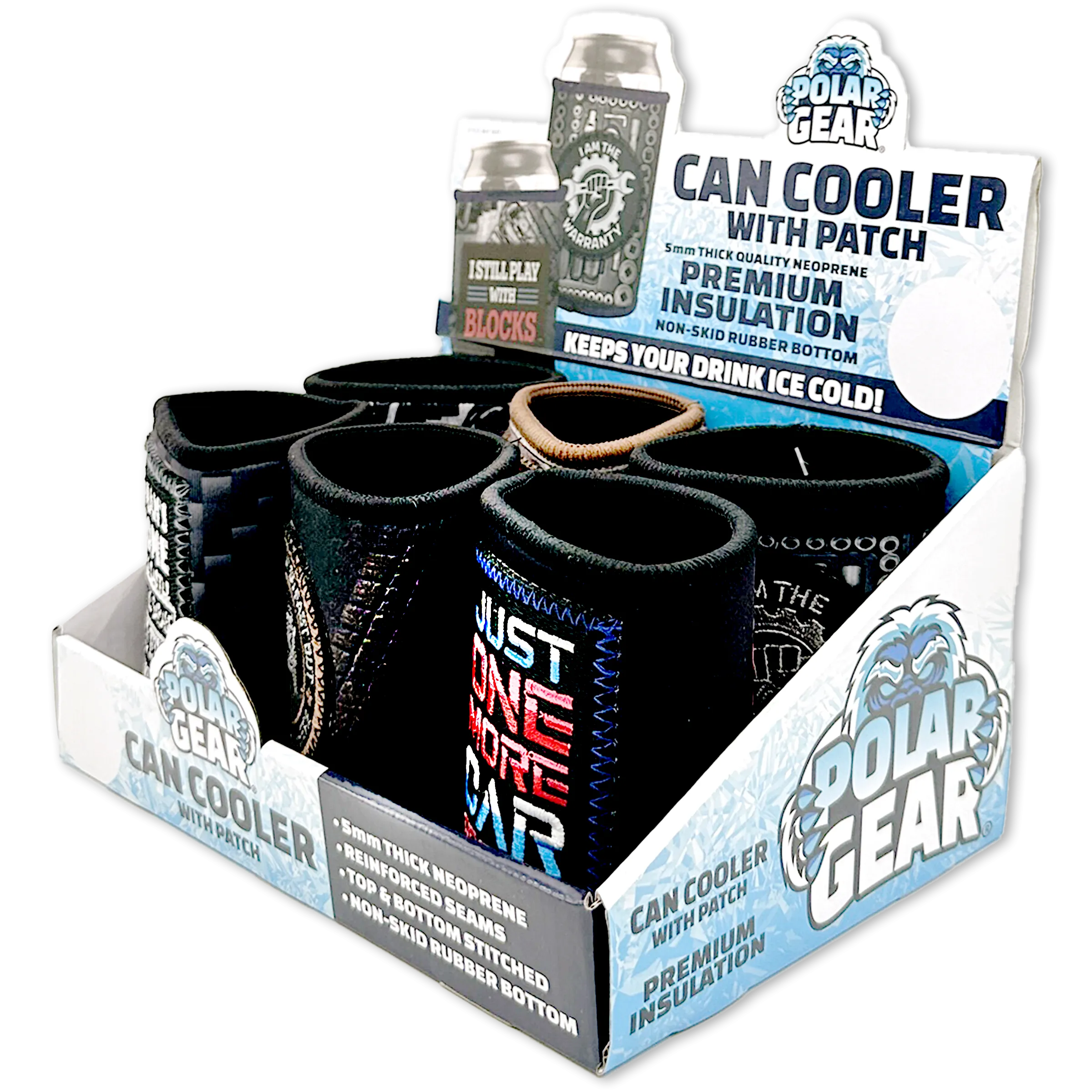 Neoprene Can and Bottle Cooler with Patch - 6 Per Retail Ready Display 23748