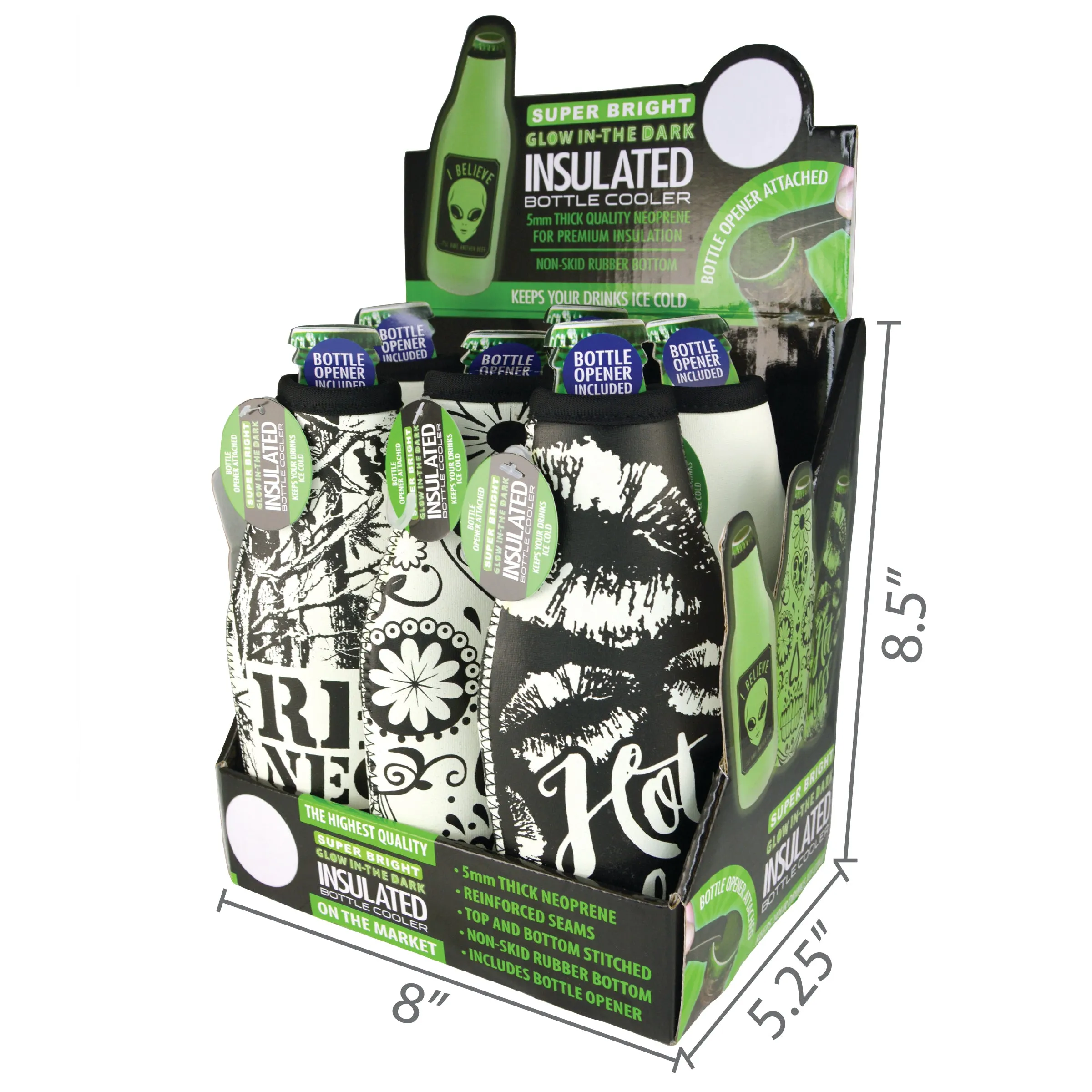 Neoprene Glow in The Dark Bottle Suit Cooler - 6 Pieces Per Retail Ready Display 24190