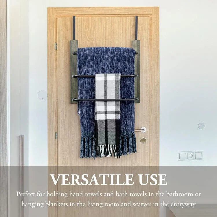 Over the Door Towel Rack in Gray Wood and Tiered Matte Black Metal Bars, Space Saving Storage Drying Towel Hanger