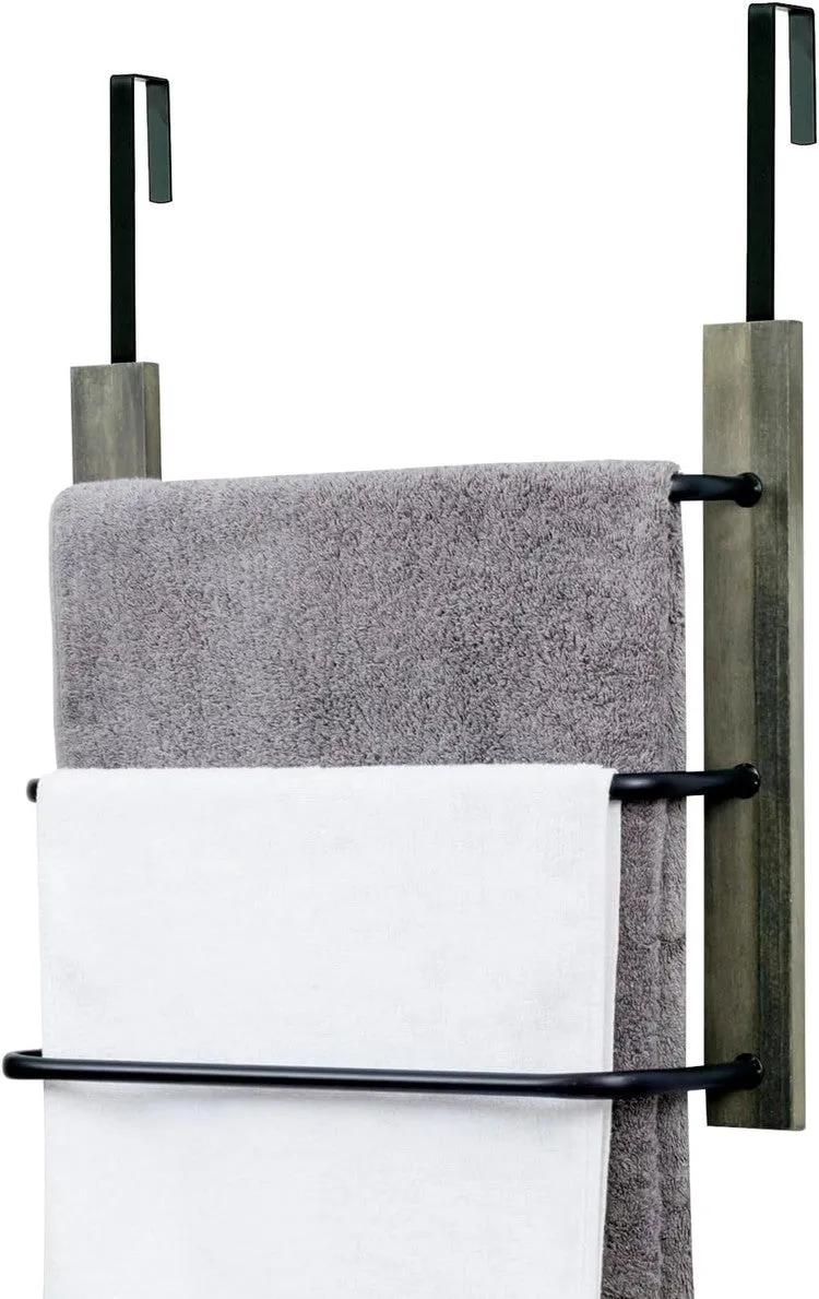 Over the Door Towel Rack in Gray Wood and Tiered Matte Black Metal Bars, Space Saving Storage Drying Towel Hanger