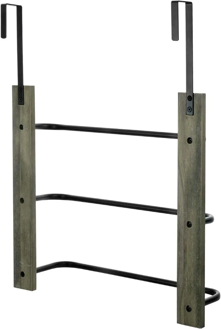 Over the Door Towel Rack in Gray Wood and Tiered Matte Black Metal Bars, Space Saving Storage Drying Towel Hanger