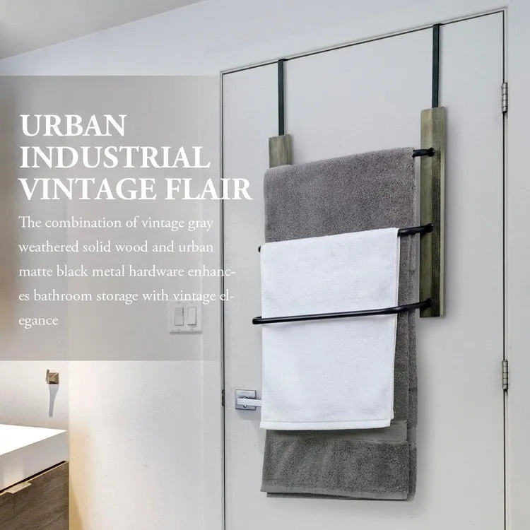 Over the Door Towel Rack in Gray Wood and Tiered Matte Black Metal Bars, Space Saving Storage Drying Towel Hanger