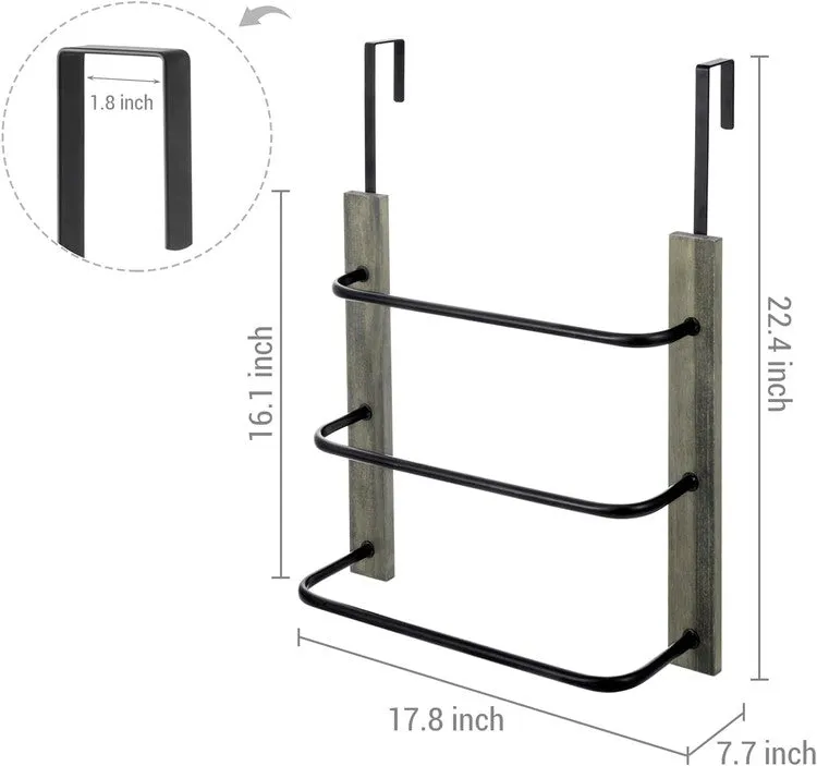 Over the Door Towel Rack in Gray Wood and Tiered Matte Black Metal Bars, Space Saving Storage Drying Towel Hanger