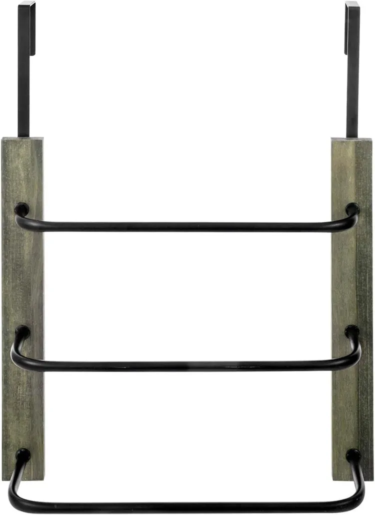 Over the Door Towel Rack in Gray Wood and Tiered Matte Black Metal Bars, Space Saving Storage Drying Towel Hanger