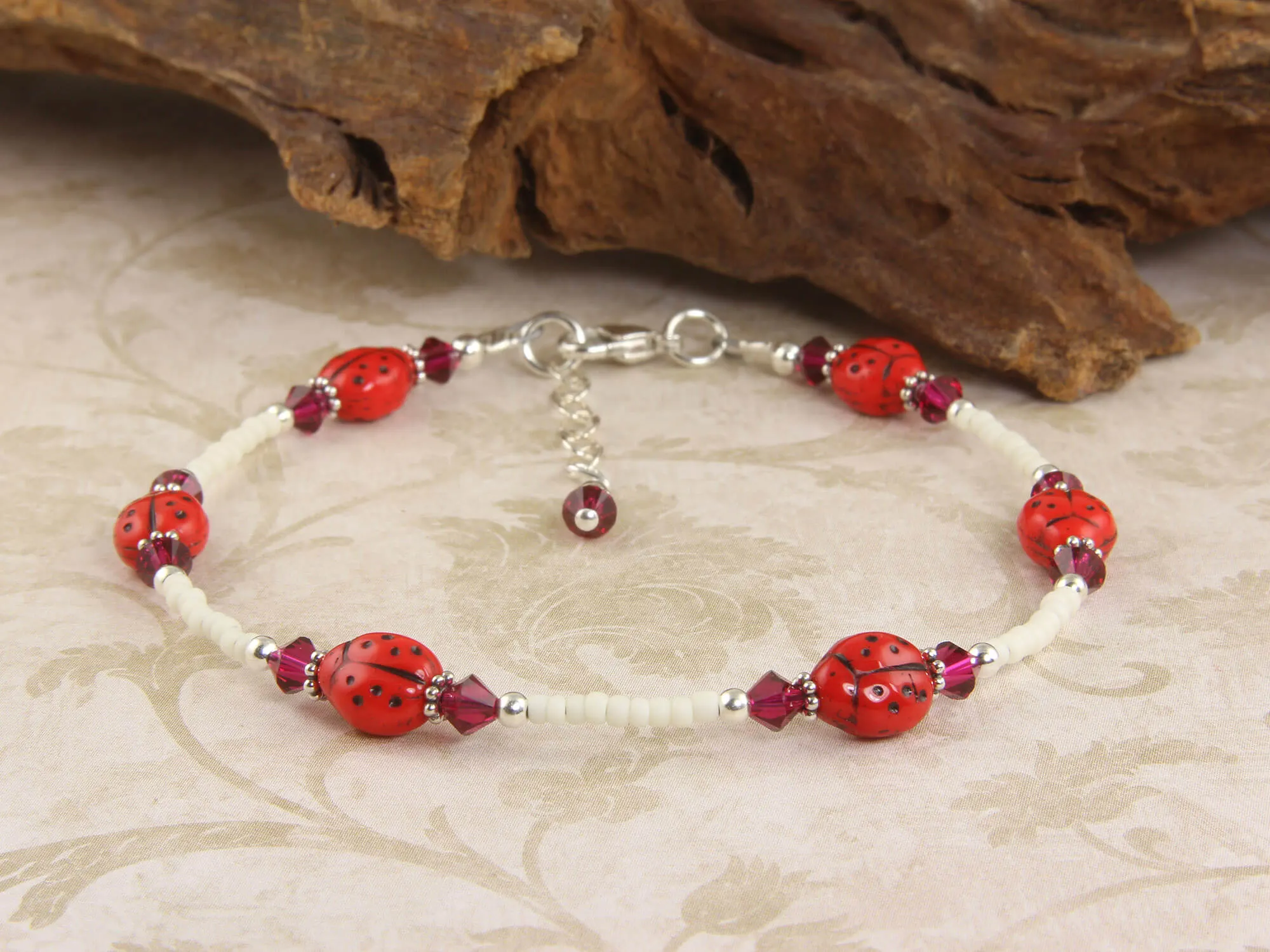 Ruby Crystal Ladybug Beaded Anklet