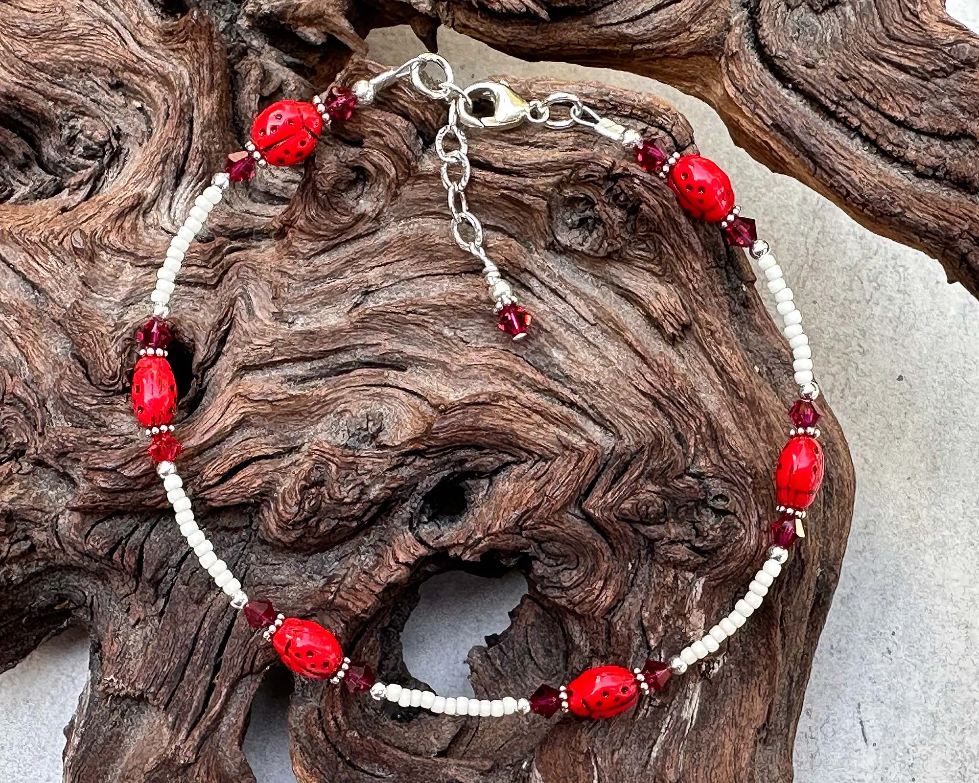 Ruby Crystal Ladybug Beaded Anklet