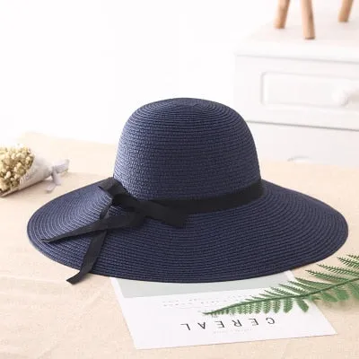 summer straw hat women wide brim beach UV protection panama hat bone