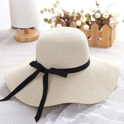 summer straw hat women wide brim beach UV protection panama hat bone