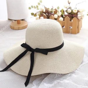 summer straw hat women wide brim beach UV protection panama hat bone