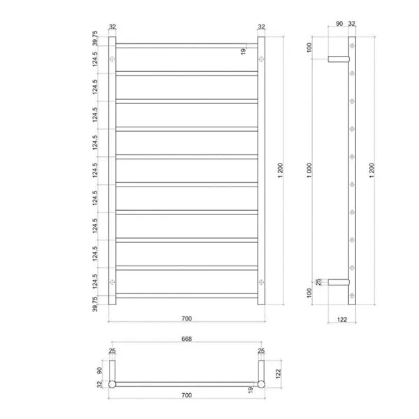 Thermogroup Wide 10 Bar Thermorail Matte Black Straight Round Heated Towel Ladder 700mm