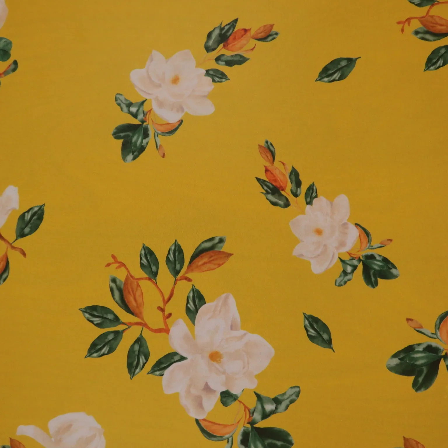 White Flowers on Yellow Background Polyester Chiffon Fabric