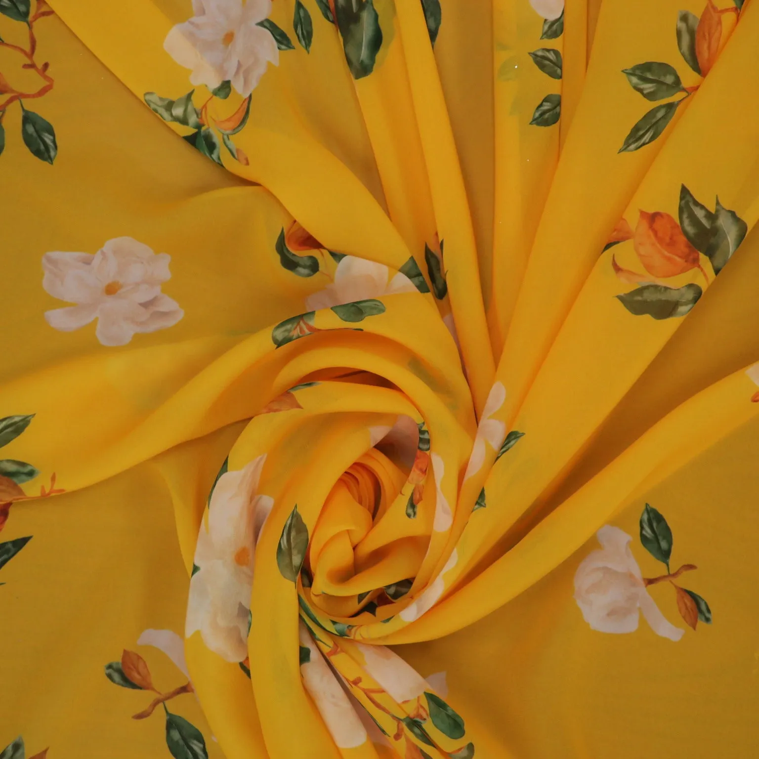 White Flowers on Yellow Background Polyester Chiffon Fabric