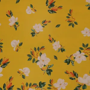 White Flowers on Yellow Background Polyester Chiffon Fabric