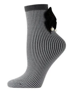 Women's Houndstooth Faux Pearl Bow Accent Anklet Sock